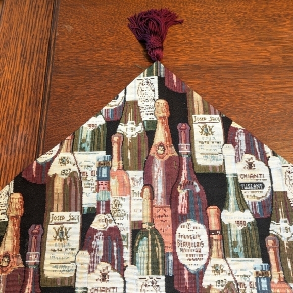 Vintage OOAK Wine Bottle Motif Tapestry Table Runner with Tassels - Picture 7 of 12